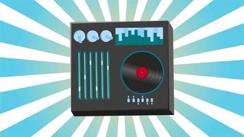 consola de dj de música de audio retro para fiestas con disco de vinilo antiguo hipster vintage para geeks de los años 70, 80, 90 sobre fondo de rayos azules. video en alta calidad 4k, diseño de movimiento