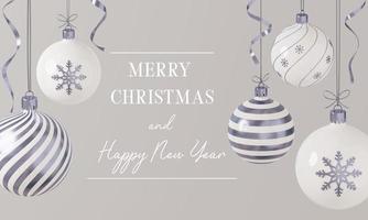 Greeting card with 3d render Christmas balls in white and silver colors. Festive Christmas and New Year banner on light grey background photo