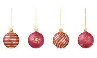 Set of 3D render Christmas toys. Front view. Red and gold Christmas balls on a golden ribbon. Festive decoration of Christmas and New Year cards, invitations, leaflets. Isolated on a white background photo