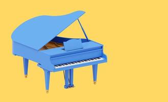 piano de cola azul, instrumento musical. representación 3d icono sobre fondo amarillo, espacio para texto. foto