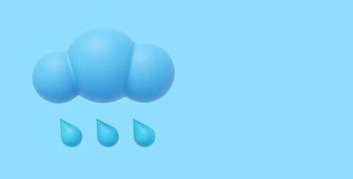 nube azul de dibujos animados con lluvia. representación 3d icono sobre fondo azul, espacio para texto. foto