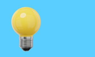 Realistic yellow light bulb. 3D rendering. Icon on blue background, text space. photo