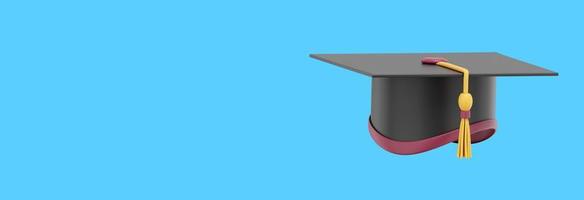 Graduate cap. Mortar board for a student at a university, school, college. 3D rendering. Realistic black icon on color background with space for text. photo