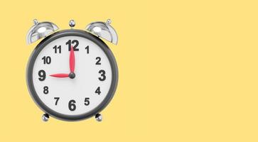 Realistic vintage alarm clock. 3D rendering. Icon on yellow background, space for text. photo