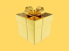caja de regalo de oro realista con cinta. representación 3d icono sobre fondo amarillo foto