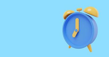 Minimal blue cartoon alarm clock, side view . 3D rendering. Icon on blue background, space for text. photo