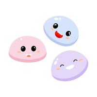 comida asiática kawaii lindo postre dango con tres colores diferentes con ojos grandes y emociones. Ilustración de vector de dango sobre fondo blanco.