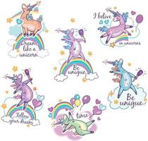 conjunto de diseño de stikers de unicornio lindo mágico para gráficos de moda, camisetas, estampados, carteles vector