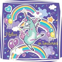 linda plantilla mágica de unicornio para tarjeta de invitación de fiesta de cumpleaños, baby shower, estampados infantiles, carteles, decoración vector