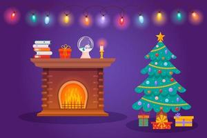 Room with cozy fireplace, Christmas tree with gift boxes and shining garland. vector