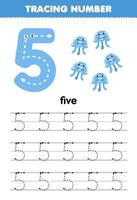 Education game for children tracing number five with cute cartoon jellyfish picture printable underwater worksheet vector