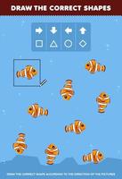 Education game for children draw the correct shape according to the direction of cute cartoon fish pictures printable underwater worksheet vector