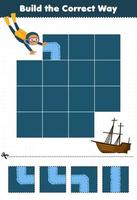 juego educativo para niños construye la manera correcta ayuda a un lindo buzo de dibujos animados a moverse a un barco naufragado hoja de trabajo subacuática imprimible vector