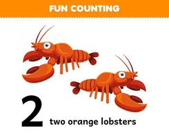 Education game for children fun counting two orange lobsters printable underwater worksheet vector