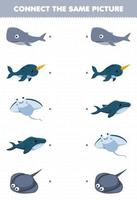 juego educativo para niños conectar la misma imagen de la ballena de dibujos animados narwhal manta stingray hoja de trabajo subacuática imprimible vector