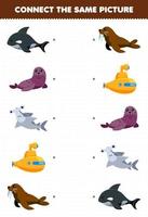 juego educativo para niños conectar la misma imagen de dibujos animados orca sello martillo tiburón submarino morsa hoja de trabajo subacuática imprimible vector