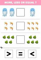 Education game for children count more less or equal of cartoon jellyfish shrimp shell then cut and glue the correct sign underwater worksheet vector