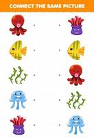 juego educativo para niños conectar la misma imagen de dibujos animados pulpo pez alga medusa anémona imprimible hoja de trabajo bajo el agua vector
