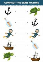 juego educativo para niños conectar la misma imagen de dibujos animados ancla botella buzo barco naufragado tortuga hoja de trabajo subacuática imprimible