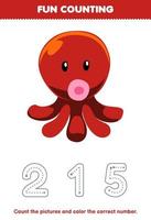 Education game for children count the pictures and color the correct number from cute cartoon octopus printable underwater worksheet vector