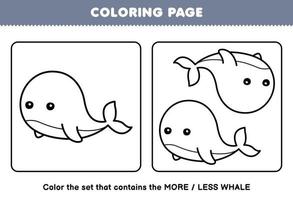 Education game for children coloring page more or less picture of cute cartoon whale line art set printable underwater worksheet vector