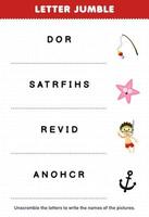 Education game for children letter jumble write the correct name for cute cartoon rod starfish diver anchor printable underwater worksheet vector