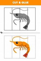 Education game for children cut and glue with cute cartoon shrimp printable underwater worksheet vector