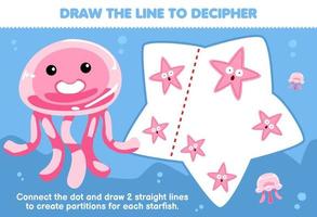 Education game for children help jellyfish draw the lines to separate each starfish printable underwater worksheet vector