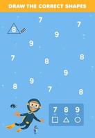 Education game for children help cute cartoon professional diver draw the correct shapes according to the number printable underwater worksheet vector