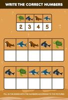 Education game for children write the right numbers in the box according to the cute turtle orca walrus shark pictures on the table printable underwater worksheet vector