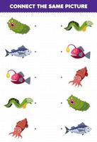 juego educativo para niños conectar la misma imagen de dibujos animados pepino de mar anguila sepia hoja de trabajo subacuática imprimible
