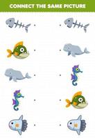 juego educativo para niños conectar la misma imagen de dibujos animados hueso de pescado piraña beluga caballito de mar pez luna hoja de trabajo subacuática imprimible