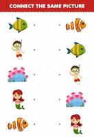 juego educativo para niños conecta la misma imagen de dibujos animados pez buzo sirena hoja de trabajo subacuática imprimible