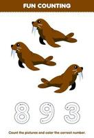 Education game for children count the pictures and color the correct number from cute cartoon walrus printable underwater worksheet vector