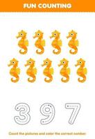 Education game for children count the pictures and color the correct number from cute cartoon seahorse printable underwater worksheet vector