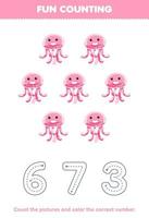 Education game for children count the pictures and color the correct number from cute cartoon jellyfish printable underwater worksheet vector