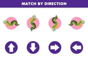 juego educativo para niños emparejar por dirección izquierda derecha arriba o abajo orientación de linda anguila de dibujos animados hoja de trabajo subacuática imprimible vector