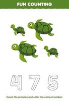 juego educativo para niños cuente las imágenes y coloree el número correcto de la linda hoja de trabajo subacuática imprimible de tortuga de dibujos animados vector