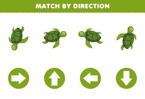 juego educativo para niños emparejar por dirección izquierda derecha arriba o abajo orientación de una linda tortuga de dibujos animados hoja de trabajo subacuática imprimible vector