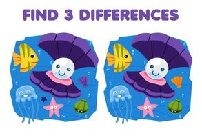 Education game for children find three differences between two cute cartoon shell with starfish and jellyfish printable underwater worksheet vector