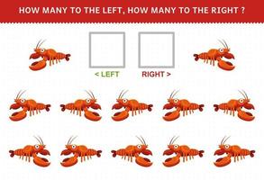 Education game for children of counting left and right picture of cute cartoon lobster printable underwater worksheet vector