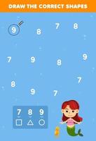 Education game for children help cute cartoon mermaid draw the correct shapes according to the number printable underwater worksheet vector