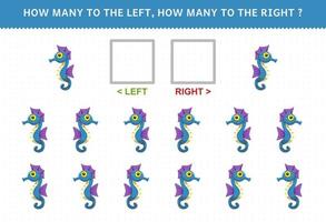 Education game for children of counting left and right picture of cute cartoon seahorse printable underwater worksheet vector