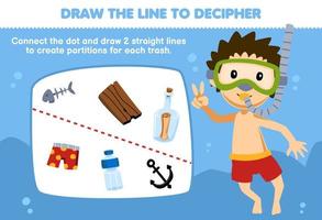 Education game for children help diver draw the lines to separate each trash printable underwater worksheet vector