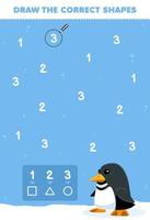 Education game for children help cute cartoon penguin draw the correct shapes according to the number printable underwater worksheet vector