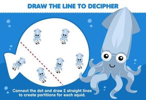 Education game for children help squid draw the lines to separate each baby squid printable underwater worksheet vector