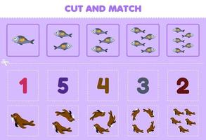 Education game for children cut and match the same number of cute cartoon walrus and fish printable underwater worksheet vector