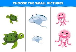 juego educativo para niños elige la imagen pequeña de una linda caricatura tortuga manta medusa hoja de trabajo subacuática imprimible vector