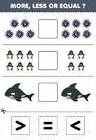 Education game for children count more less or equal of cartoon urchin penguin orca then cut and glue the correct sign underwater worksheet vector