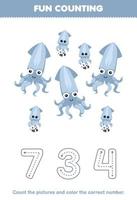 Education game for children count the pictures and color the correct number from cute cartoon squid printable underwater worksheet vector